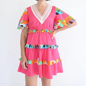 Alden Adair Begonia Lace Pink Floral Sabrina Tropical Summer  Mini Dress XS NWT